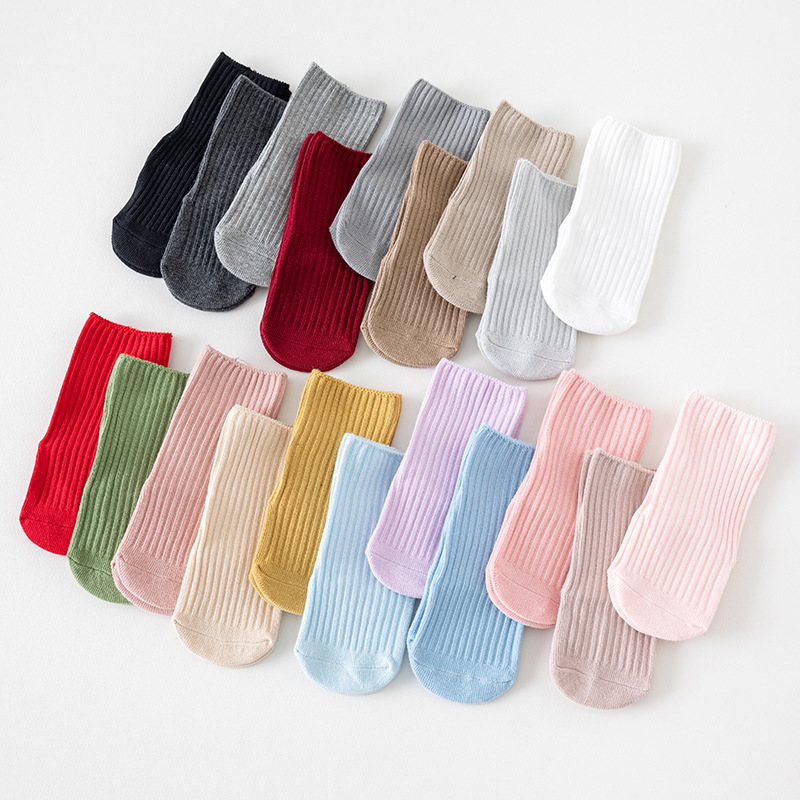 春秋冬款宝宝直板袜子防滑地板袜婴幼儿中筒袜双针坑条学步袜