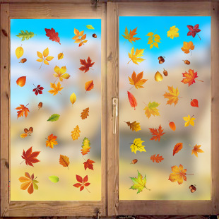 Amazon Autumn Thanksgiving Maple Leaf Window Stickers Window Party Scene Layout Wall Stickers Door and Window Electrostatic Stickers Wholesale