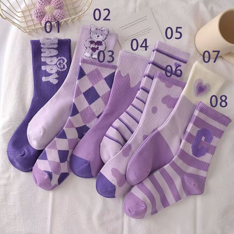Purple Socks for Women, Mid-Calf, Trendy Cotton Student Sports Socks, Feather Yarn, Fashionable Bear Design, Autumn and Winter Mid-Calf Socks Purple Socks for Women, Mid-Calf, Trendy Cotton Student Sports Socks, Feather Yarn, Fashionable Bear Design, Autumn and Winter Mid-Calf Socks
