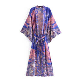 欧美外贸女装人棉水印定位花腰带和服开衫外套 8660