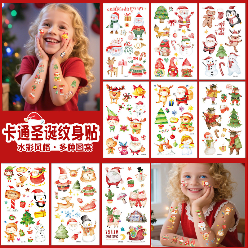 New Cross-Border Cartoon Christmas Holiday Tattoo Stickers European and American Kidsren's New Year Holiday Party Face Temporary Stickers