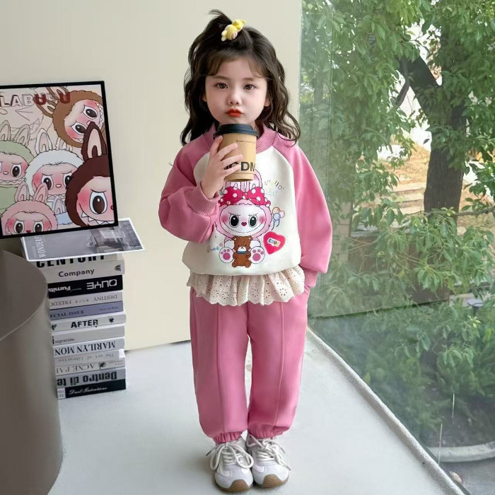 女童网红休闲套装春秋装2025新儿童洋气女宝宝卫衣蕾丝卫裤两件套|undefined