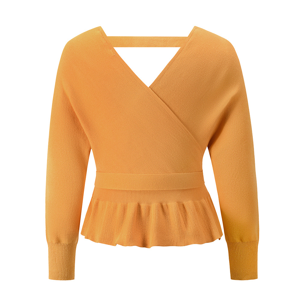 Solid Color V-Neck Bow Knitted Top NSHYG66707