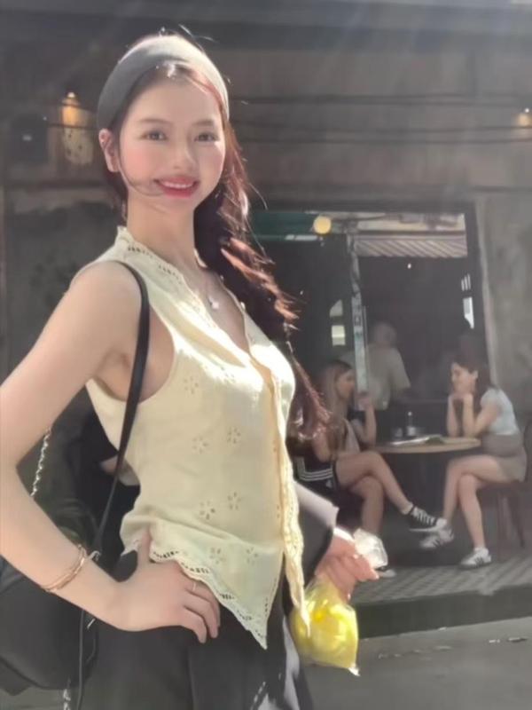 韓国風シックな純粋な欲望中空キャミソール女性の夏の小さなユニークなウエストノースリーブショートトップ|undefined