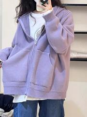 大码拉链毛衣连帽卫衣女秋胖mm2-300斤慵懒风宽松针织衫外套ins