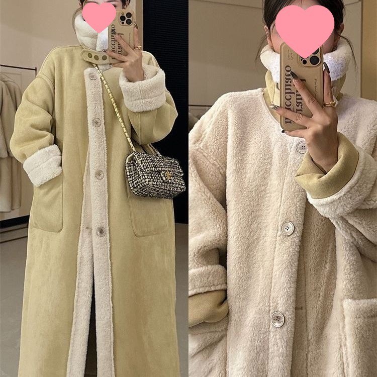 가을과 겨울 두꺼운 여성의 긴 양면 양복 양복 스웨이드 자전거 모피 원피스 가짜 모피 코트 코트