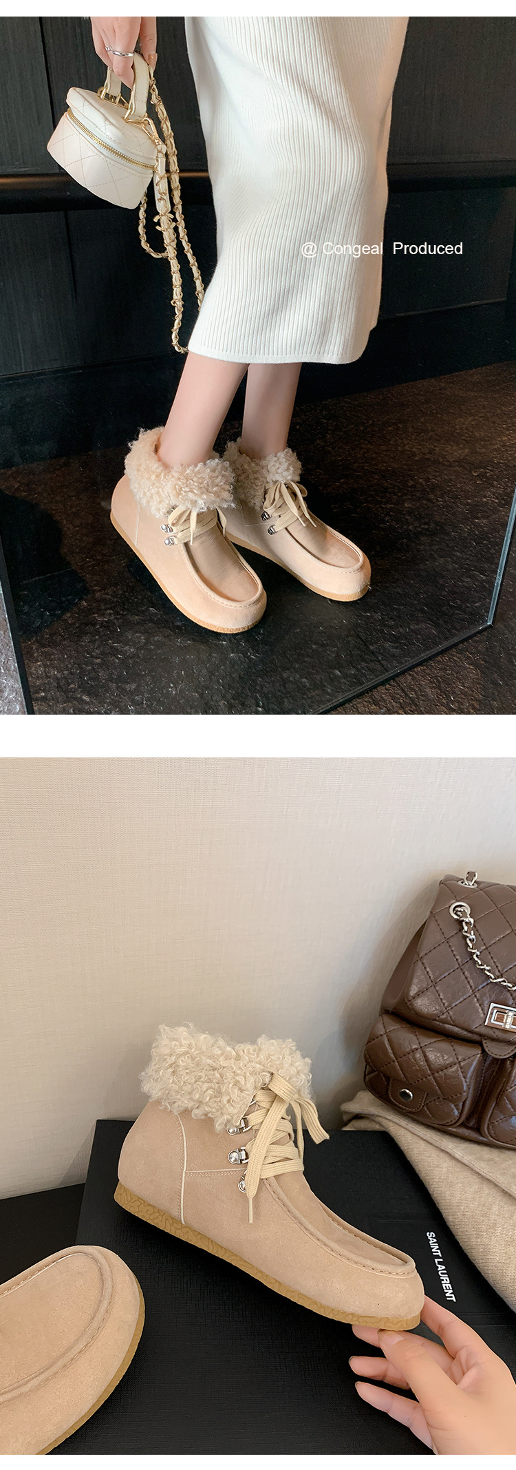 Boot tuyết nữ cổ cao lót lông giữ nhiệt, mũi tròn, dây buộc, tăng chiều cao bên trong — Vàng kem lót đơn, Đen lót nhung, Vàng kem lót nhung, Nâu lót nhung chi tiết 26
