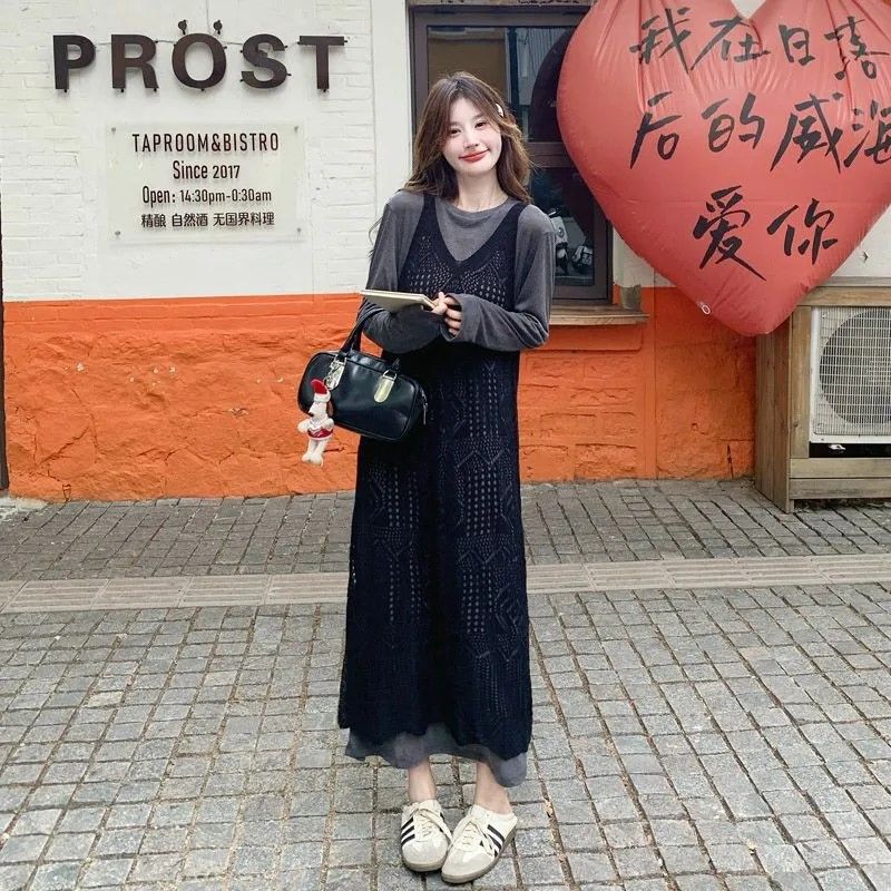 早秋氛围感穿搭叠穿镂空罩衫连衣裙套装女韩系慵懒宽松长裙两件套|undefined
