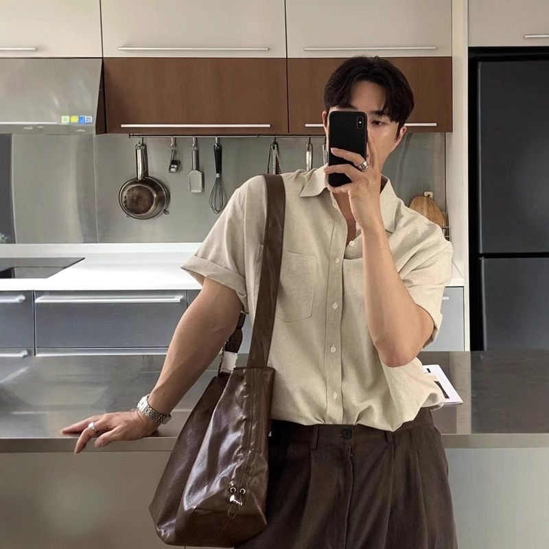 Korean Style Men's Shirt with Light Luxury Linen Short-Sleeved Shirt Summer Thin Loose High-End Jacket Top Trendy
