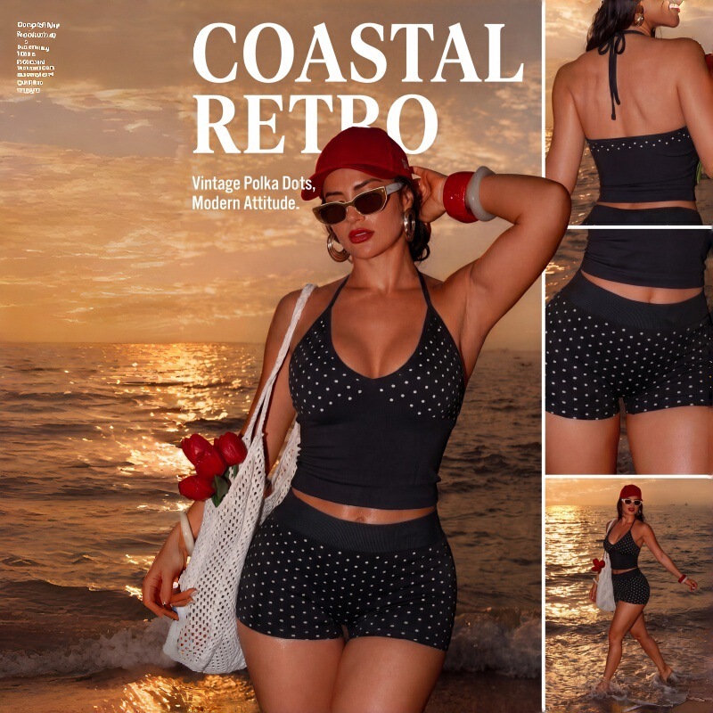 Retro Style Polka Dot Print Slim Fit V-Neck Halter Top and Shorts Two-Piece Set, Hot Girl Low-Waist Tight-Fitting Sports Suit
