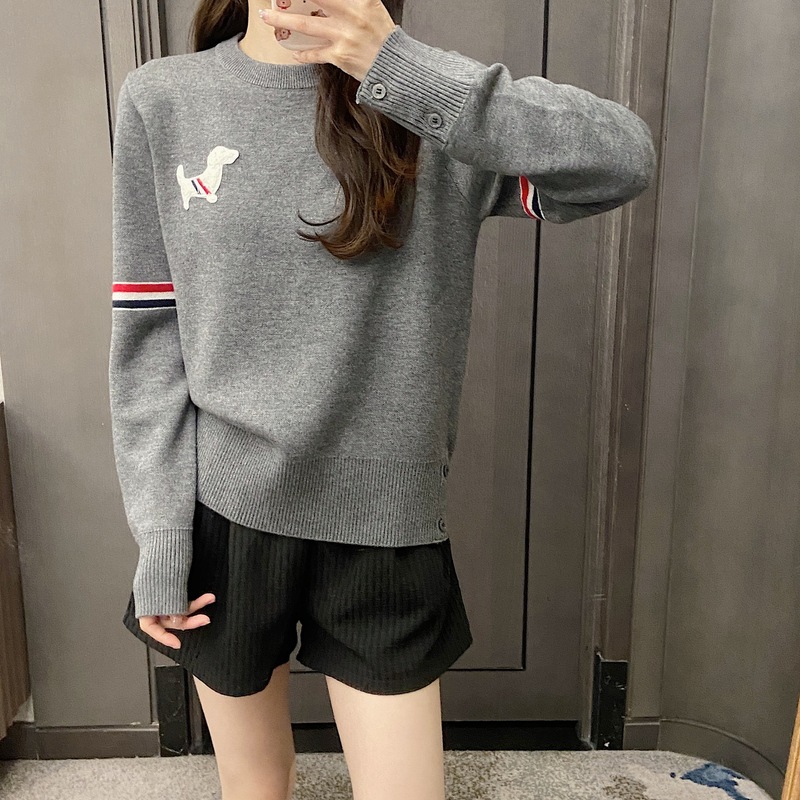 tb双袖彩条小狗刺绣圆领套头毛衣女秋冬季宽松休闲打底羊毛针织衫|undefined