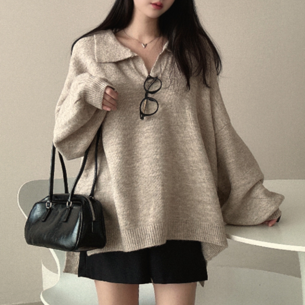 Idle Style Loose Mid-length Pullover Sweater Velvet Polo Collar Sweater
