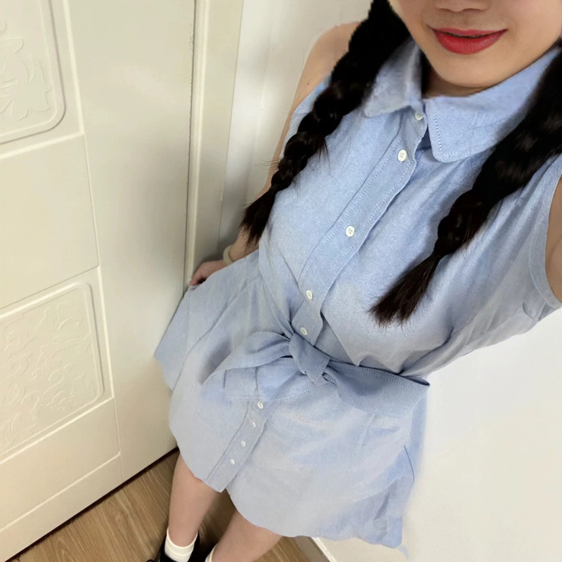 High-quality RL sleeveless shirt dress, A-line cut, with a waist belt for a slimming effect, in a college style High-quality RL sleeveless shirt dress, A-line cut, with a waist belt for a slimming effect, in a college style