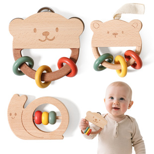 Baby Educational Early Education Hand Rattle Animal Shape Cartoon Wooden Toy Infant and Toddler Grasping Children's Wooden Toy