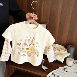 女童秋季长袖t恤新款女宝宝卡通印花假两件上衣儿童打底衫春秋装