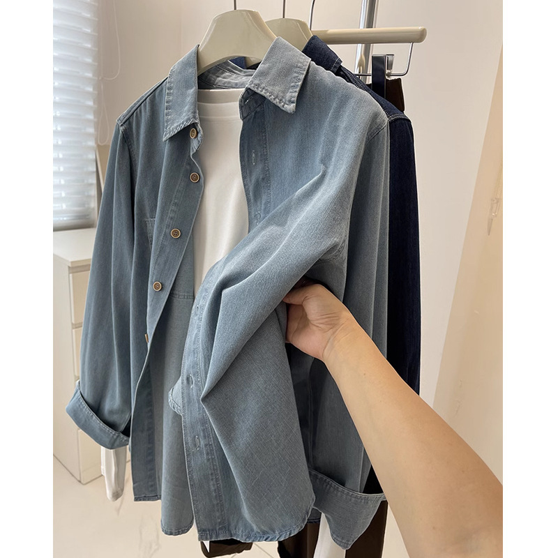 Shades of two-color Denim shirt female! Autumn and Winter Vintage All-match Slim-fit Layup Long Sleeve Shirt Casual Jacket