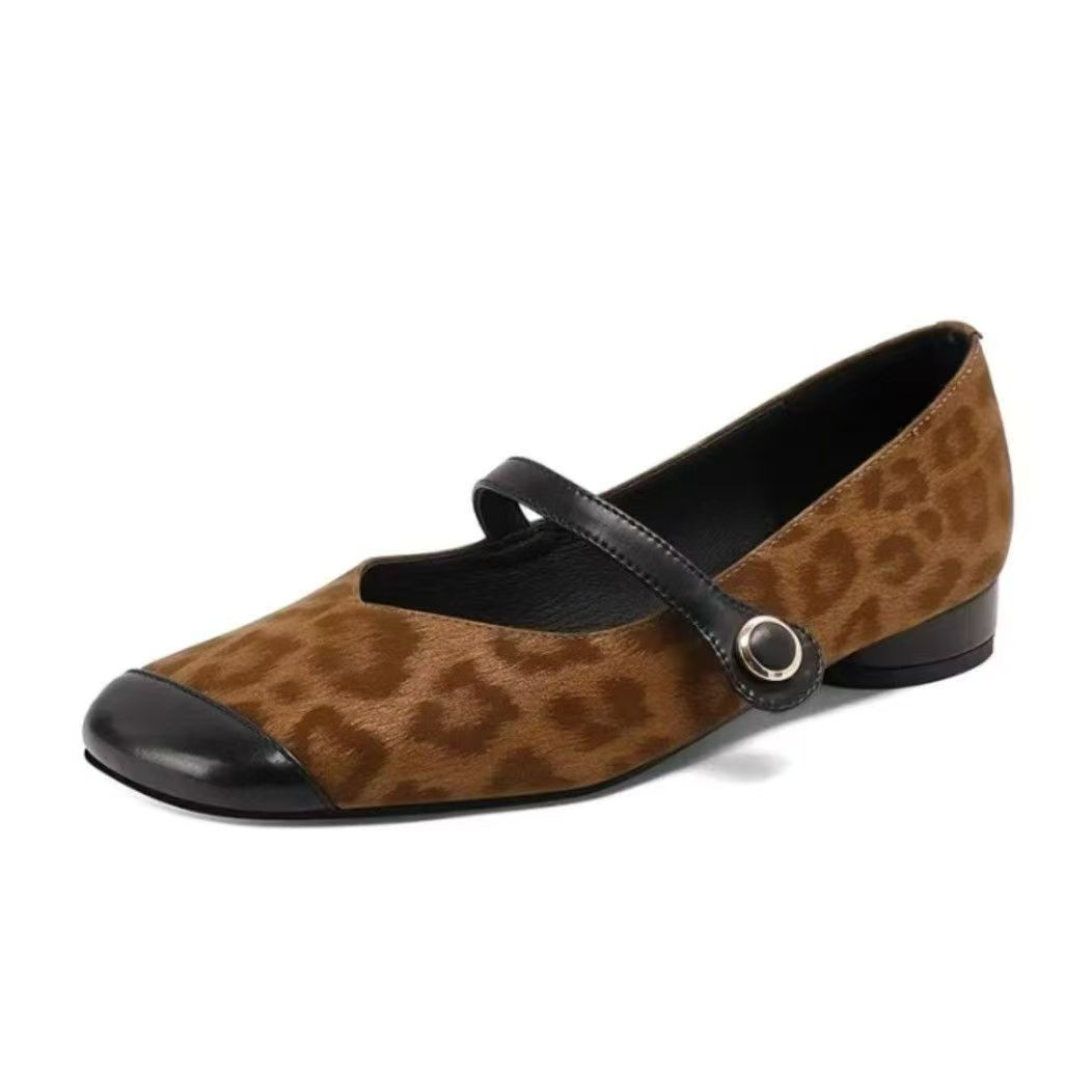 2026 nueva moda retrógrado leopardo cuadrado zapatos de tacones bajos antideslizantes ligeros y poco profundos respirables zapatos de mujer Mary Jane