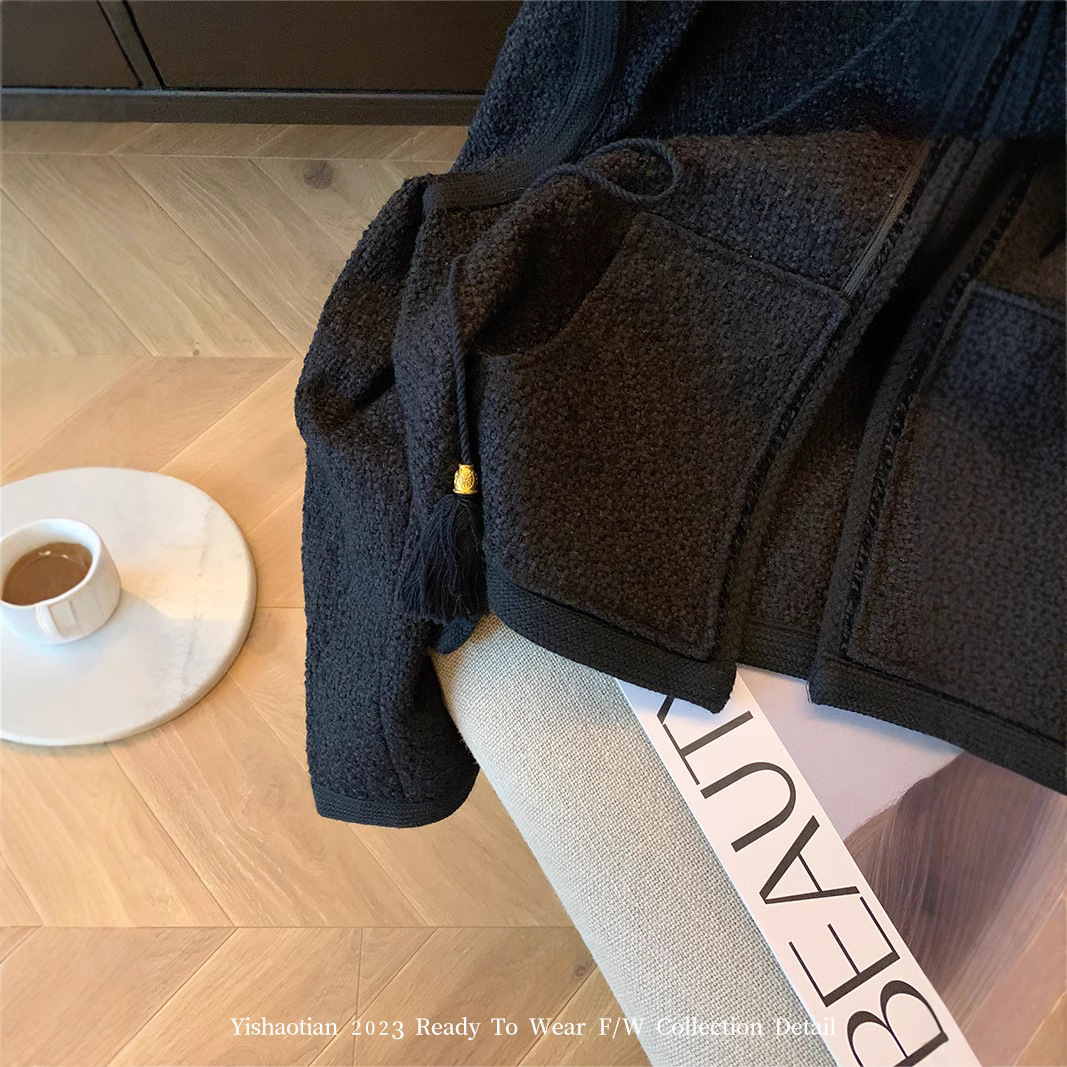 Black Drawstring Hooded Tweed Chanel-Style Jacket for Women, Autumn 2024, Niche Loose-Fitting Chic Short Top