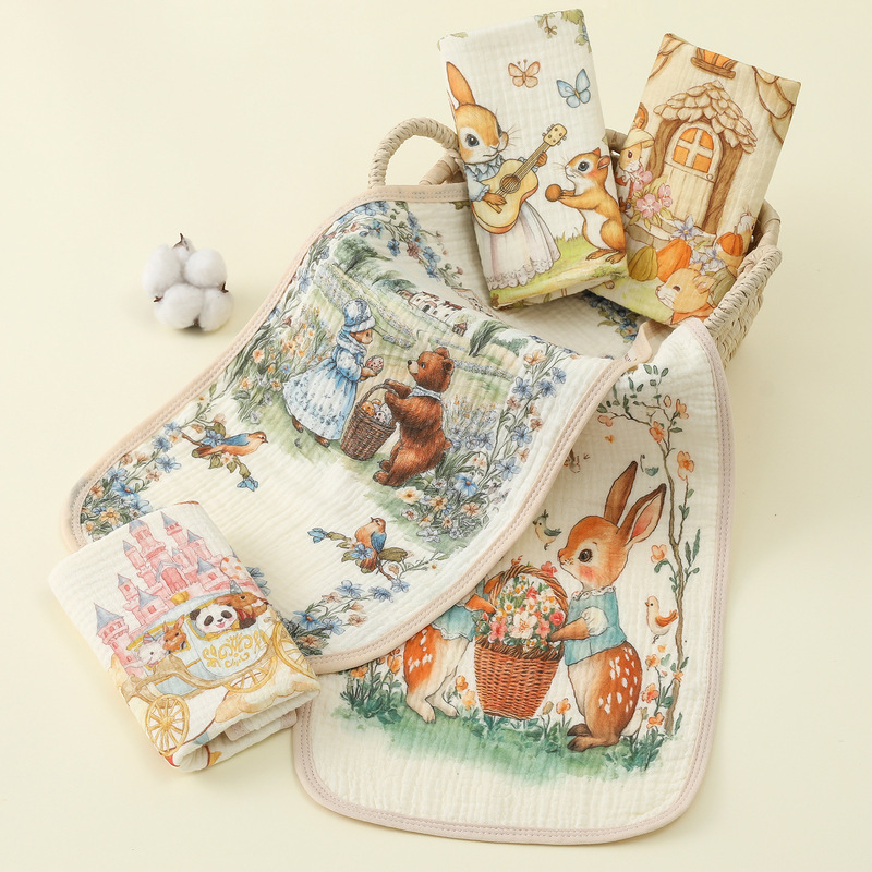 Children's Gauze Towel with Cartoon Print, Pure Cotton Face Towel, Soft and Absorbent, Suitable for Kindergarten Babies, Hangable Hand Towel