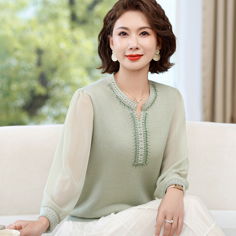 Mom's Stylish Knitted Long-Sleeve Top, Middle-Aged Women's Summer Wear, 2026 New Style Blouse, Middle-Aged and Elderly Gauze-Sleeve T-Shirt Mom's Stylish Knitted Long-Sleeve Top, Middle-Aged Women's Summer Wear, 2026 New Style Blouse, Middle-Aged and Elderly Gauze-Sleeve T-Shirt