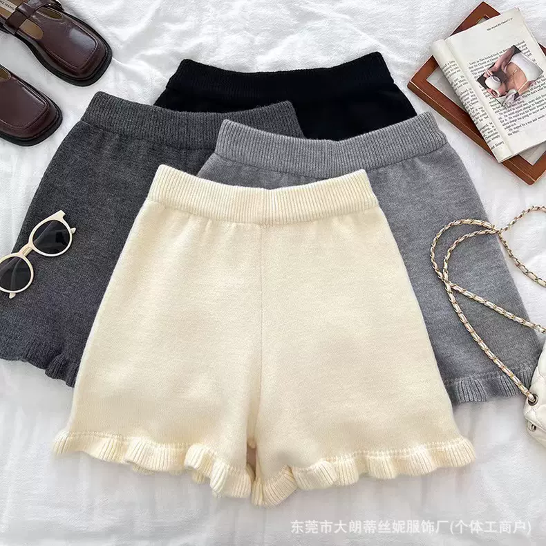 韩系秋冬甜美百搭木耳边松紧高腰显瘦针织短裤显瘦法式甜美裤子