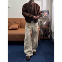美式高街水墨刺绣牛仔裤女秋季宽松设计感弯刀小众阔腿拖地长裤潮