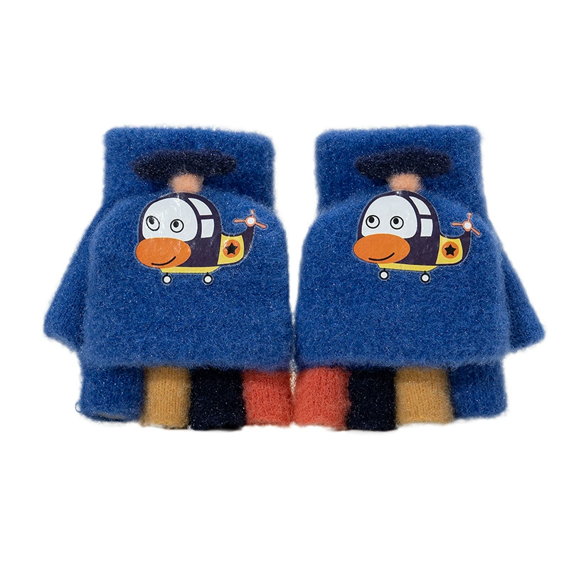 Knitted flip‑top children’s fingerless gloves, cartoon print, ages 3–5, lightweight
