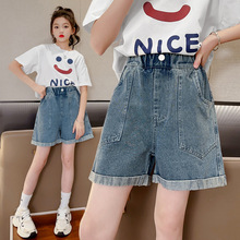 女童夏裤子2025新款卷边大口袋牛仔短裤中大童高腰直筒裤牛仔裤批