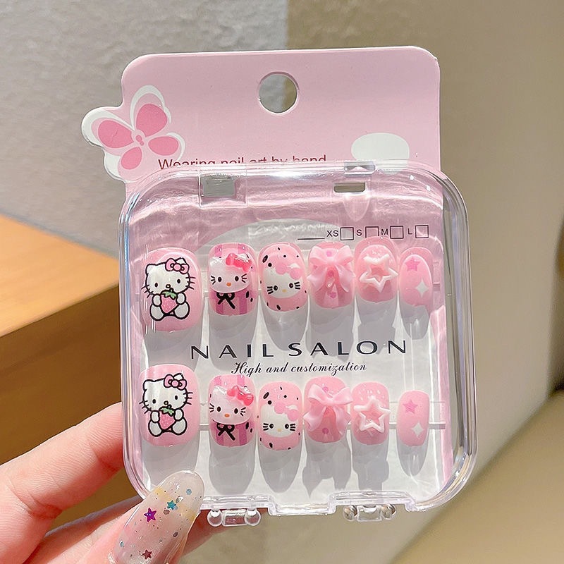Uñas postizas removibles para niñas, en caja, con diseños de dibujos animados, pegatinas de uñas exquisitas, piezas de uñas.
