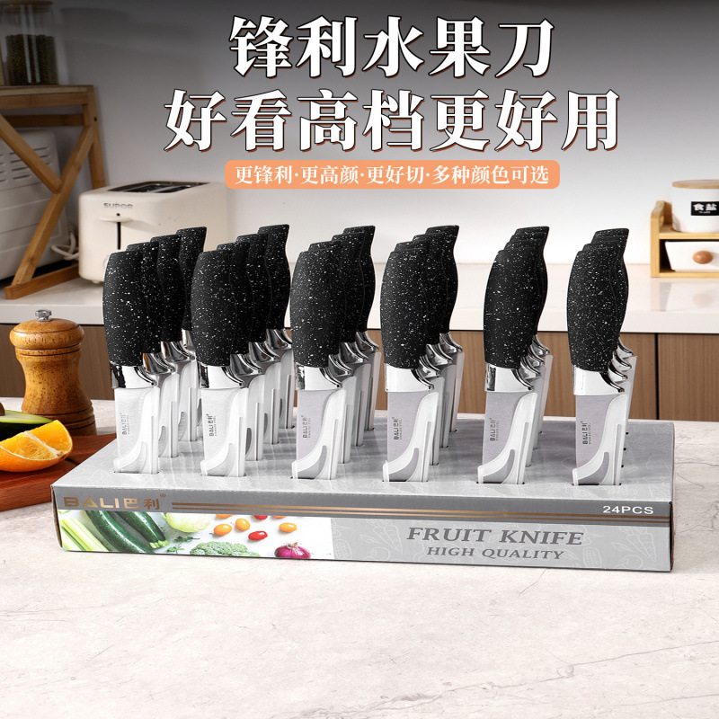 Spot al por mayor caja de exhibición de acero inoxidable herramienta galvanoplastia mango de punto de pulverización juego de cuchillos de frutas afiladas juego completo para el hogar