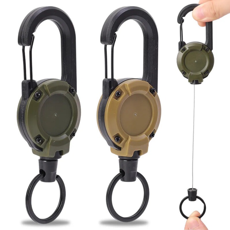 Tactical U-Shaped Retractable Keychain with Easy-Pull Buckle, Simple Black Outdoor Portable Steel Wire Four-Color Spring Buckle