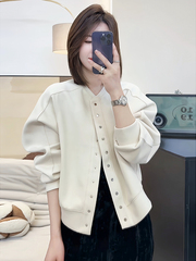 白色休闲棒球服外套女款初秋季2025新款圆领卫衣开衫无帽上衣