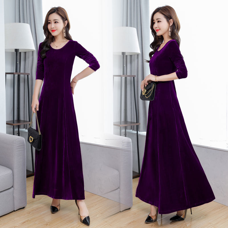 Spring, Autumn and Winter New Style Gold Velvet Dress, Elegant Long Round Neck, Long-Sleeved Cheongsam, Large Size Women's Bottoming Skirt, Long Skirt