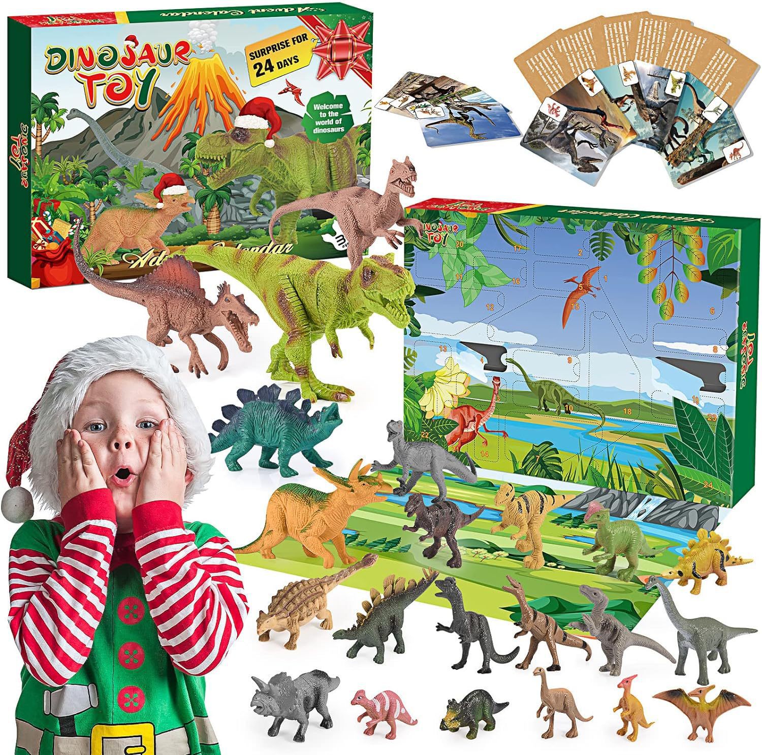 Tarjeta de identificación de dinosaurio transfronteriza caja ciega Tyrannosaurus coche de juguete Triceratops tubo telescópico extrusión CALENDARIO DE cuenta atrás