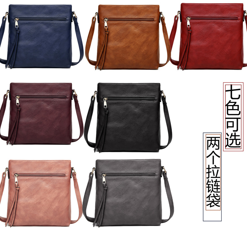 Cross-Border Bags for Women 2023 Autum New Retro Style Tassel Accessories Double Zipper Bag Adjustable Slanted Shoulder Square Bag