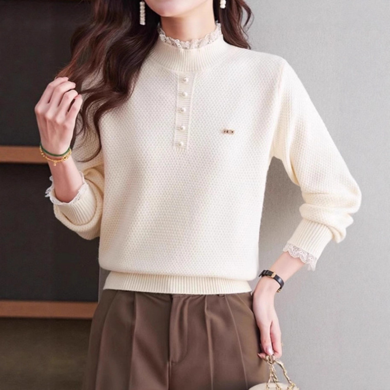 Lace Sweater Women's 2025 Autumn and Winter New Short Style Top Half Turtleneck Knitted Bottoming Shirt Thick