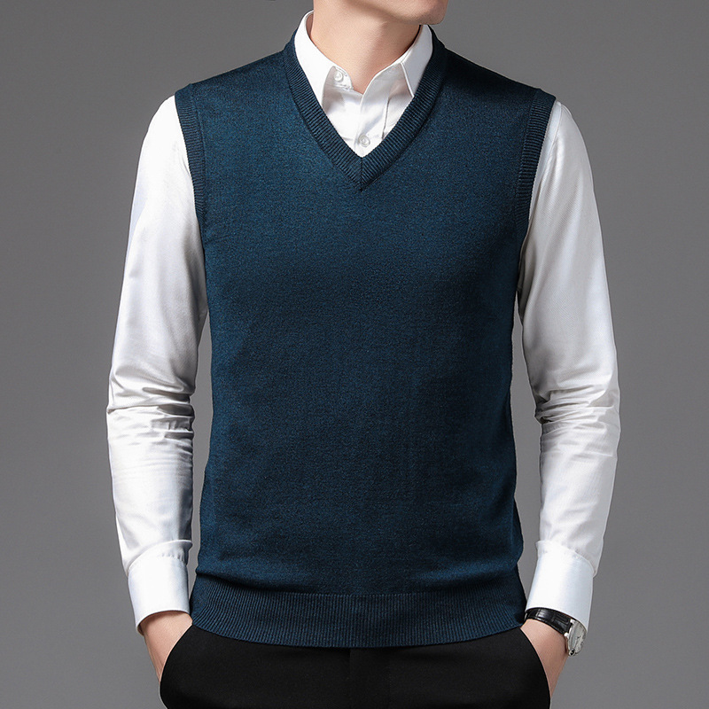 Cross-Border Dropshipping 2026 Solid Color Wool Vest Men's Korean Style Spring and Autumn Sweater Base Layer Men's V-Neck Middle-Aged Vest