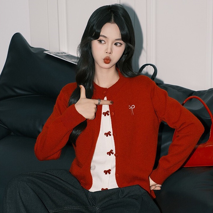 Christmas Wear Red Fake Two-piece Bow Sweater Women's Autumn and Winter Loose Lazy Short Knitted Jacket