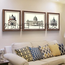 美式客厅装饰画建筑挂画欧式风格高档大气沙发背景墙装饰画三联画