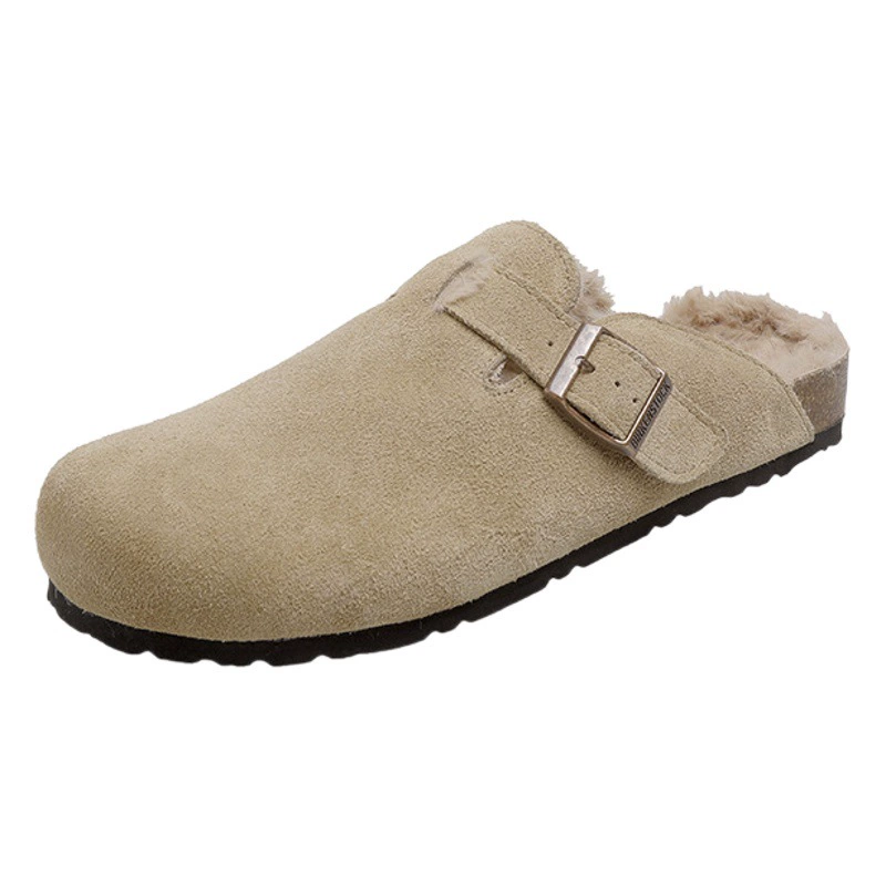 Плюшевые туфли на толстой подошве из натуральной кожи Бокен 2023 осенне-зимние полутапочки Верхняя одежда без шнуровки с закрытым носком Интернет-знаменитости в однотонном стиле на флисовой подкладке женские
