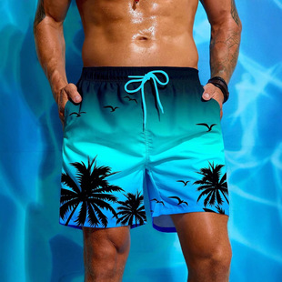 Summer Vacation Men's Palm Tree Print Drawstring Waist Board Shorts Fashion Swimming Trunks 3D Printing Breathable Short Streetwear
