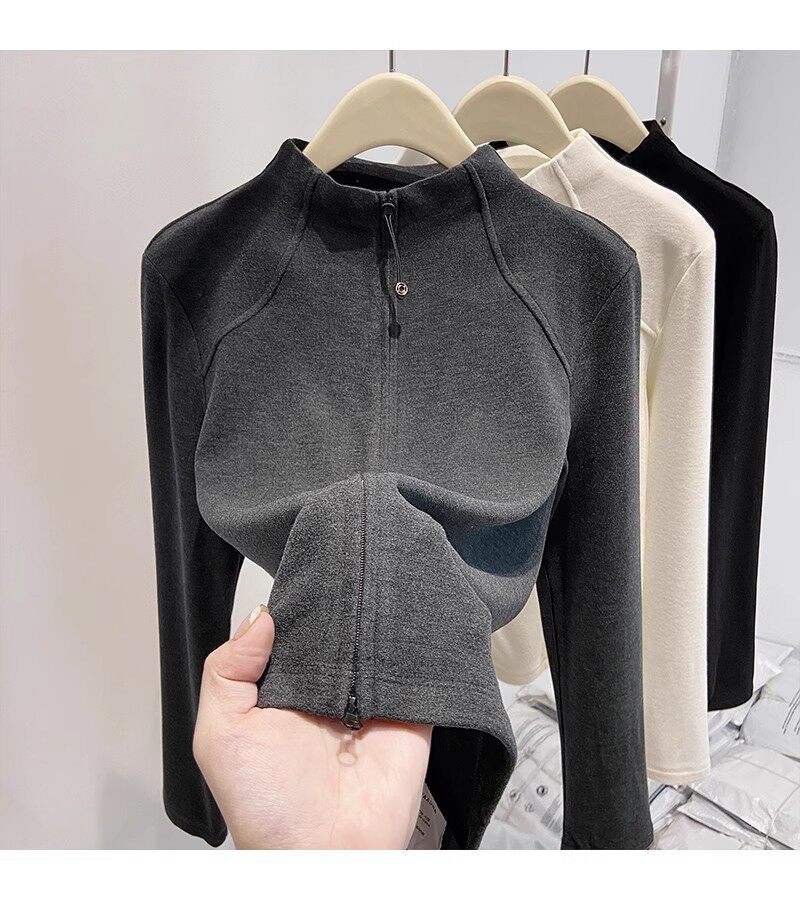 Áo khoác cardigan nữ dáng ôm cổ lọ nửa, khóa kéo đôi, tay dài, chất nhung Đức dày — màu xám đậm, màu đen, quả mơ chi tiết 10