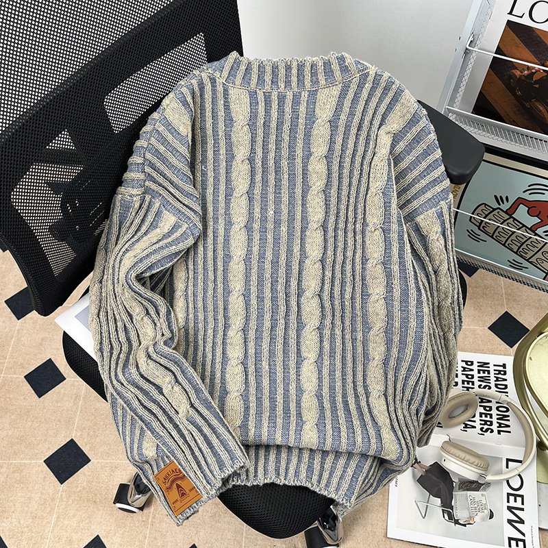 Suéter de punto a rayas retro americano de color mixto diseño perezoso nicho de diseño juvenil jersey de cuello redondo