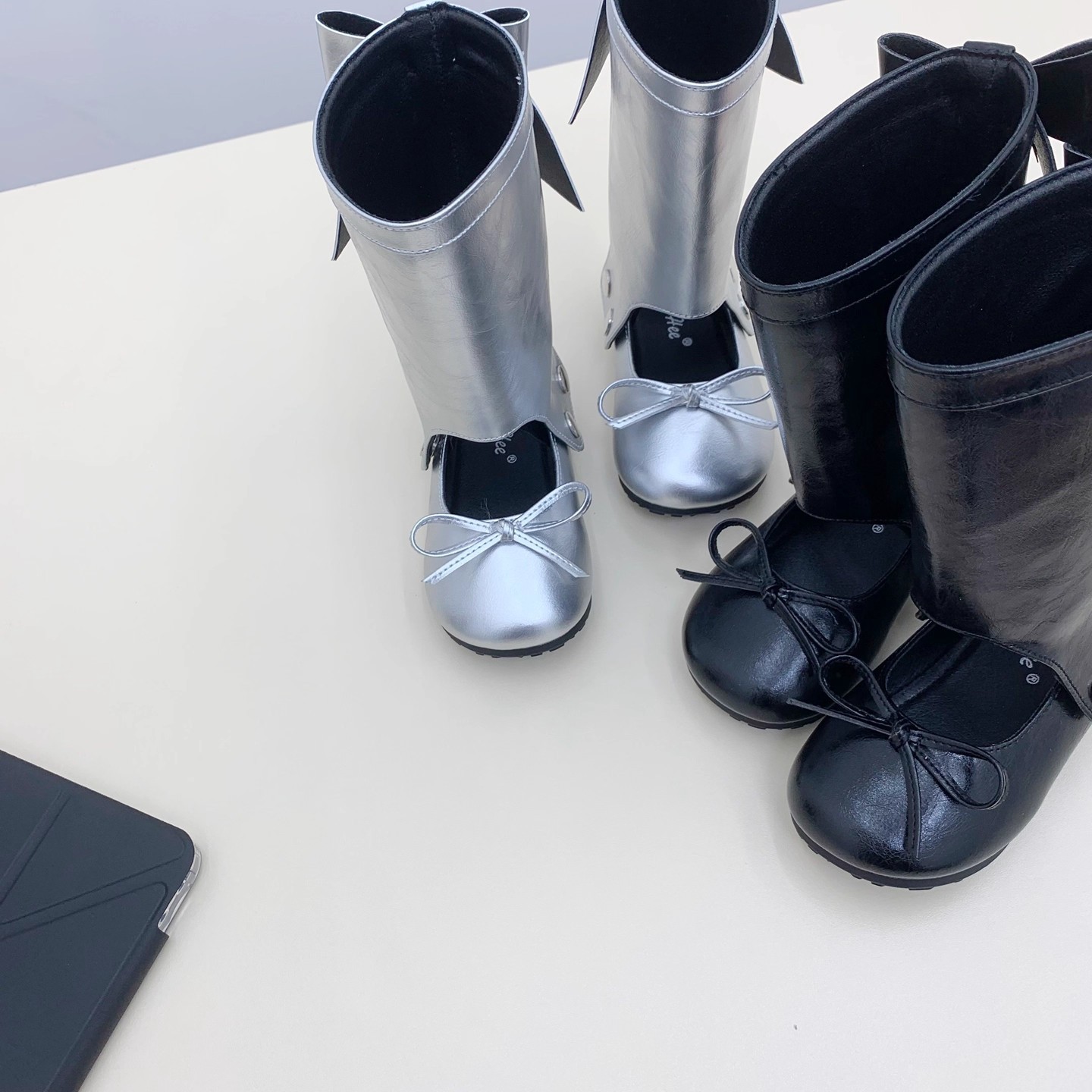 Trendy Korean-Style Two-Way Spring and Autumn New Leather Shoes for Girls, Ballet-Style Princess Fashion Shiny Mid-Calf Boots