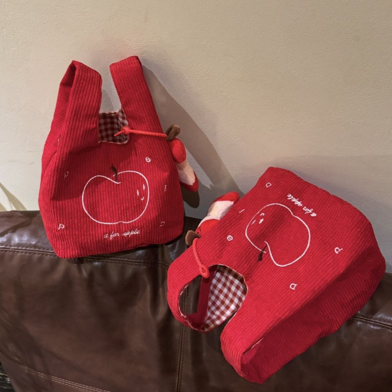 Autumn and Winter New Red Corduroy Apple Handbag Lightweight Work Clothing Versatile Handbag Cute Small Handbag for Women