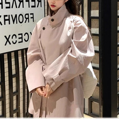中长款粉色立领风衣外套女秋季法式复古气质显瘦高级感大衣