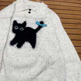 仿貂秋冬新款女针织衫polo毛衣小猫刺绣宽松设计长袖上衣