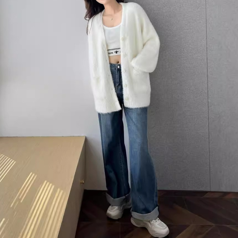 仿水貂绒V领慵懒风针织开衫灯笼袖毛衣女2025秋冬新款口袋款外套|undefined