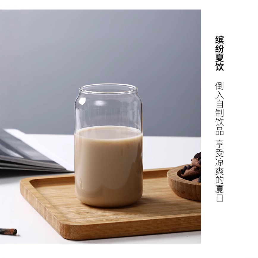 Vaso de vidrio creativo para cola, vaso con forma de lata de alto valor estético, fabricante de vasos con pajita para café, moderno y sencillo.