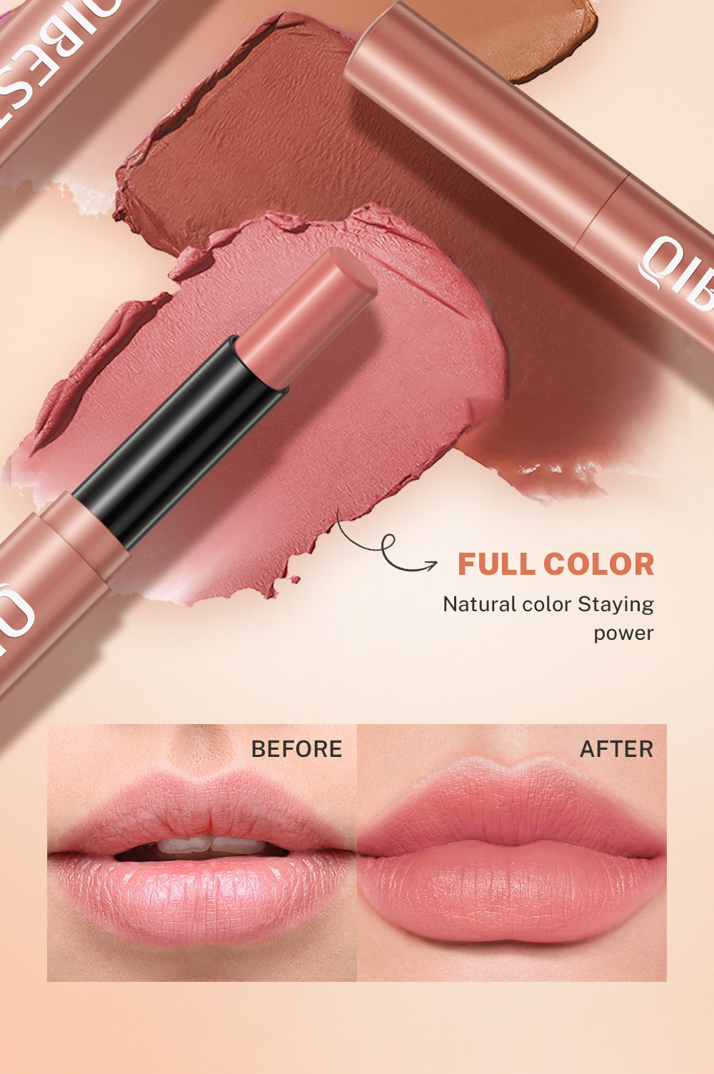 QIBEST Cross-border Smooth matte Lipstick is light, does not dry out and does not fade easily. It is a lipstick pen and makeup product in stock Item Picture